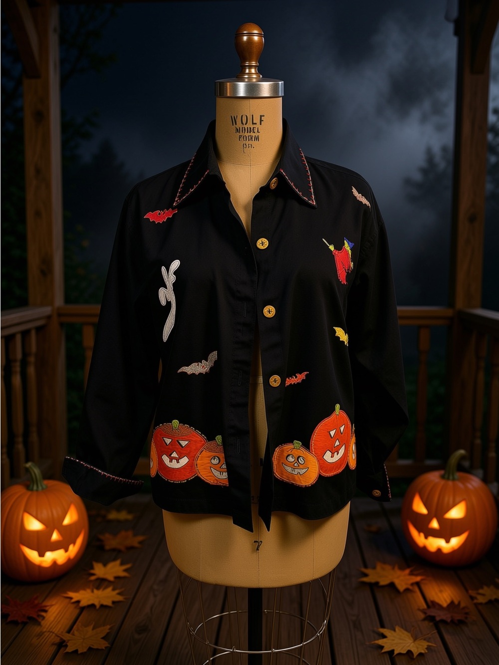 Vintage Black Denim Halloween Jacket embroidered Patches New Direction Size M